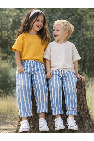 MSHB&G Μπλε ριγέ υφαντό παντελόνι Unisex για κορίτσια και αγόρια Άνοιξη-Καλοκ...