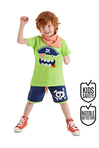 Denokids Πράσινο 3D παιδικό μπλουζάκι και σορτς μπαντάνα με σχέδιο πειρατών