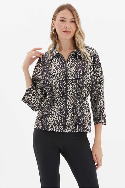 Selen Giyim Şömizye Yaka Beli Büzgülü Leopar Desen Ceket / SİYAH