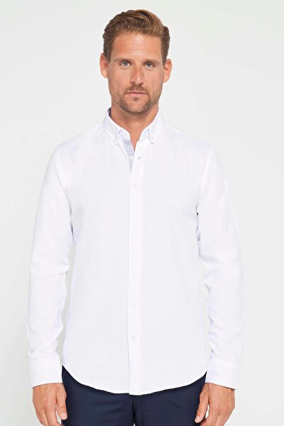 Tudors Slim Fit Uzun Kollu Düğmeli Yaka Pamuklu Kolay Ütü Düz Erkek Gömlek