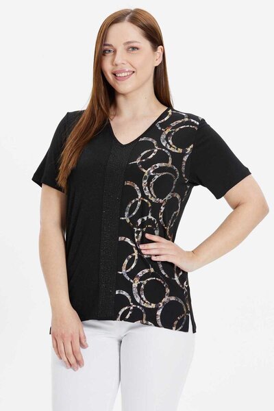 Genel Markalar Büyük Beden Yanı Halka Varaklı Kısa Kol Penye Bluz / SİYAH