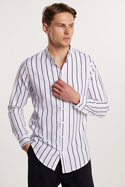 Tudors Slim Fit Uzun Kollu Hakim Yaka Pamuklu Kolay Ütü Çizgili Erkek Beyaz G...