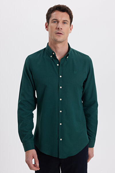 Tudors Erkek Slim Fit Dar Kesim Düz Oxford Armalı Düğmeli Yaka Haki Spor Gömlek