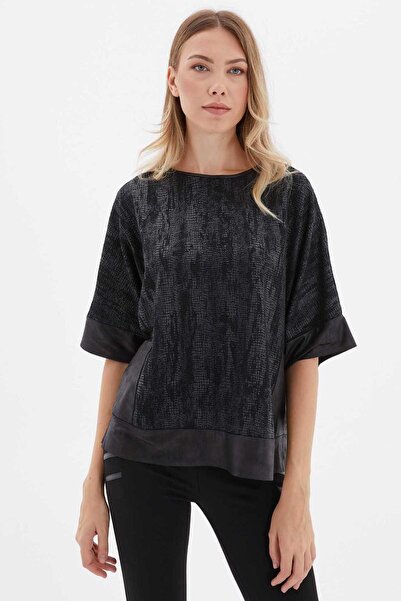 Selen Giyim Cepleri Deri Kombinli Desenli Triko Bluz / SİYAH