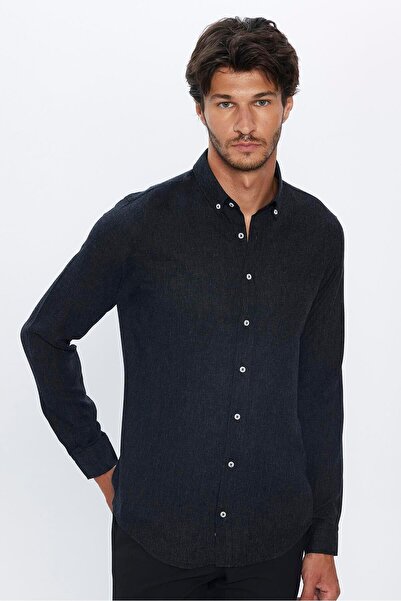 Tudors Slim Fit Uzun Kollu Düğmeli Yaka Kışlık Yün Viskon Düz Gömlek