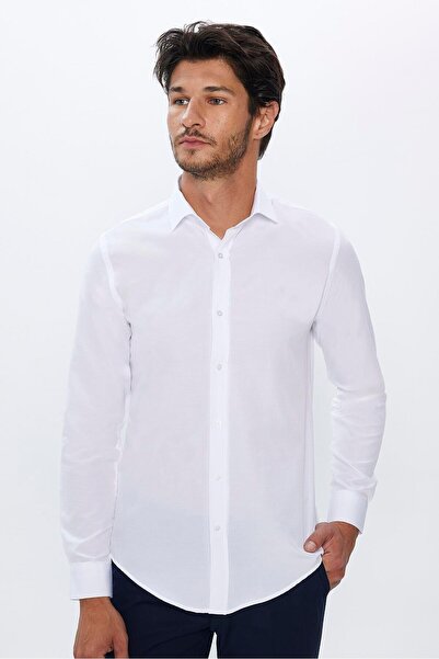 Tudors Slim Fit Uzun Kollu Pamuklu Kolay Ütü Beyaz Erkek Gömlek