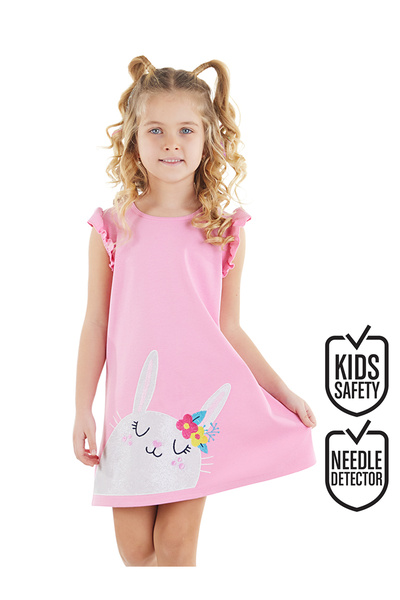 Denokids Rochie de vară pentru fete din bumbac roz - Iepure și Volan