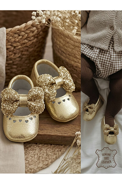 Denokids Baby Girl Booties Genuine Leather Gold Soft Sole Shoes Size 17-21