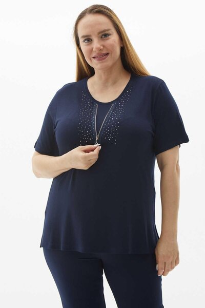 Genel Markalar Büyük Beden Önü Fermuar Aksesuarlı Taşlı Penye Bluz / LACİVERT