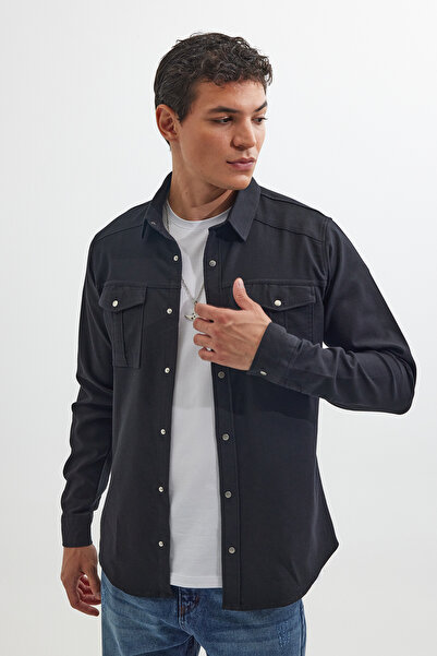 Tudors Slim Fit Uzun Kollu Spor Yaka Yıkamalı Çift Cepli Armürlü Denim Kot Si...