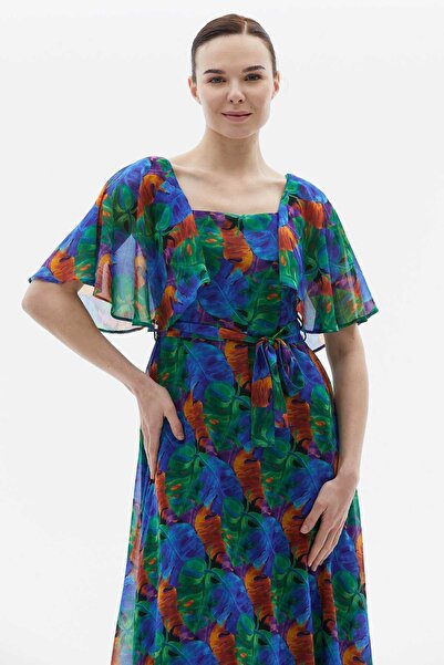 Selen Kolları Volanlı Beli Kemerli Palmiye Desen Elbise / SAKS