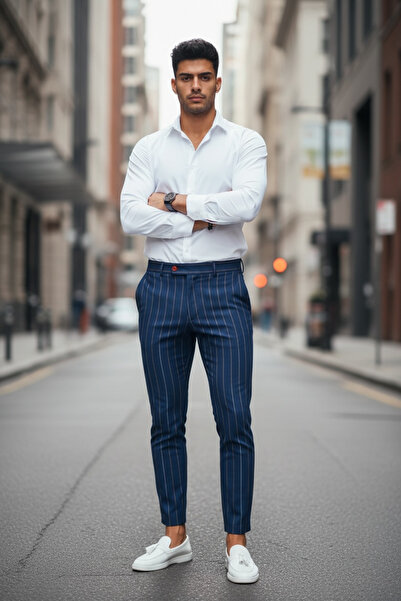 dehaine Pantaloni casual pentru barbati, in dungi, slim fit, bleumarin, B7871