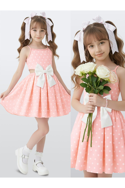 Denokids Rochie pentru fetiță din bumbac poplin roz alb cu buline cu detaliu ...