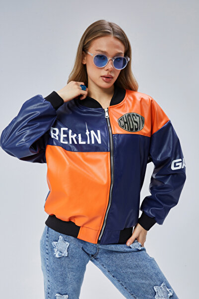 Black Level Kadın Oversize Baskılı Deri Motorcu Montu Fermuarlı Yarışçı Ceket...