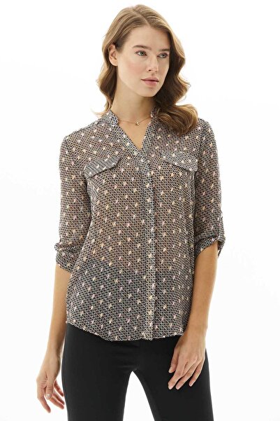 Selen Giyim Hakim Yaka Renkli Kazayağı Desen Bluz / SİYAH