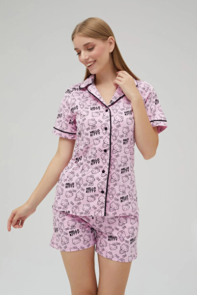 Hello Kitty Lisanslı Düğmeli Pembe Kısa Kollu Pijama Takım