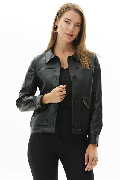 Selen Dıştan Cep Dikişli Deri Ceket / SİYAH