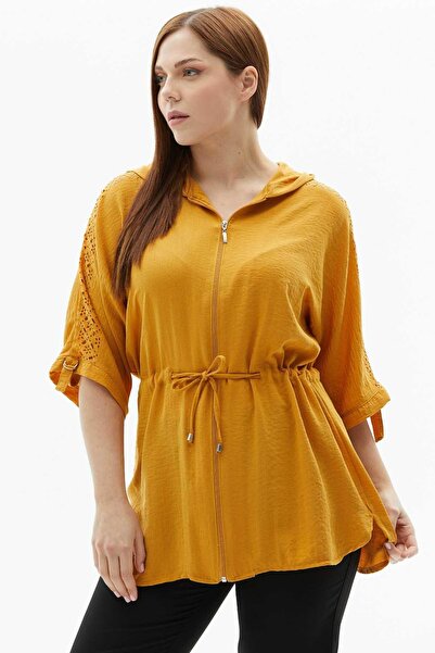 Selen Giyim Büyük Beden Omuzları Lazerli Önü Fermuarlı Bluz / HARDAL