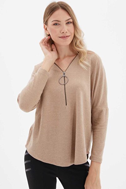 Selen Giyim Önü Fermuarlı Büyük Elcikli Triko Bluz / BEJ