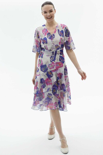 Genel Markalar Önü Düğmeli Eteği Volanlı Sulu Boya Desen Elbise / FUŞYA