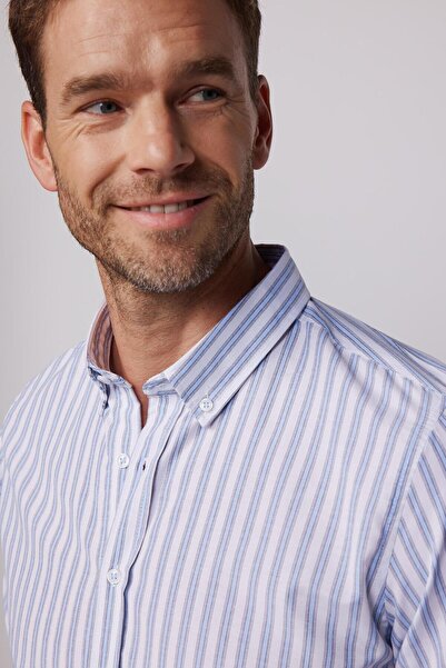 Tudors Slim Fit Uzun Kollu Çizgili Yaka Düğmeli Erkek Gömlek