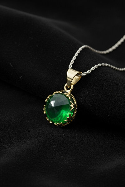 Roza Silver Zümrüt Taşlı Lale Motifli Otantik Gümüş Kadın Kolye