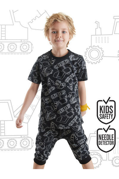 Denokids Αυτοκίνητο Αγόρι Μαύρο Καλοκαιρινό T-Shirt Σετ σορτς Capri