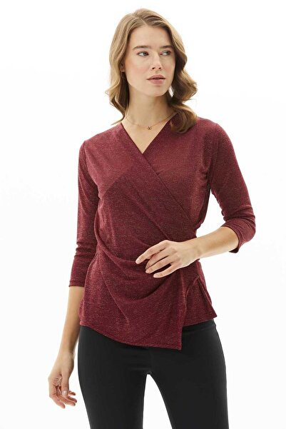 Selen Giyim Kruvaze Yanı Plili Simli Bluz / BORDO