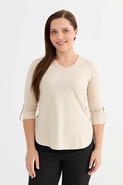 Selen Giyim V Yaka Yanları Düğmeli Kolu Apoletli Penye Bluz / TAŞ