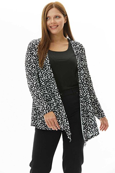 Selen Giyim Büyük Beden Puantiyeli Önü Dökümlü Penye Hırka / SİYAH