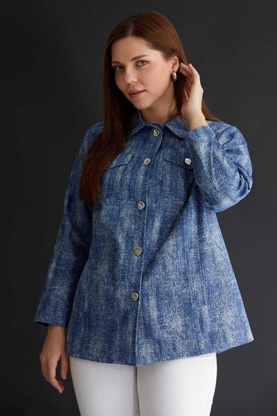 Selen Giyim Büyük Beden Dıştan Cep Dik Fleto Cep Ceket / İNDİGO