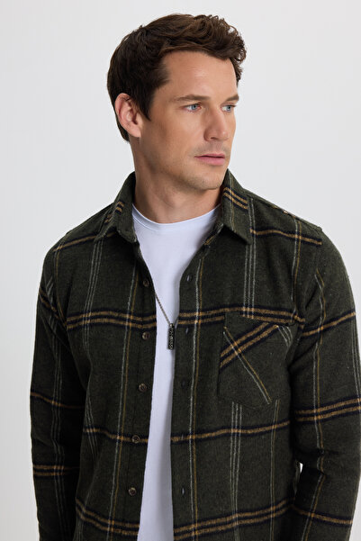 Tudors Erkek Slim Fit Dar Kesim Kareli Cepli Haki Oduncu Gömlek