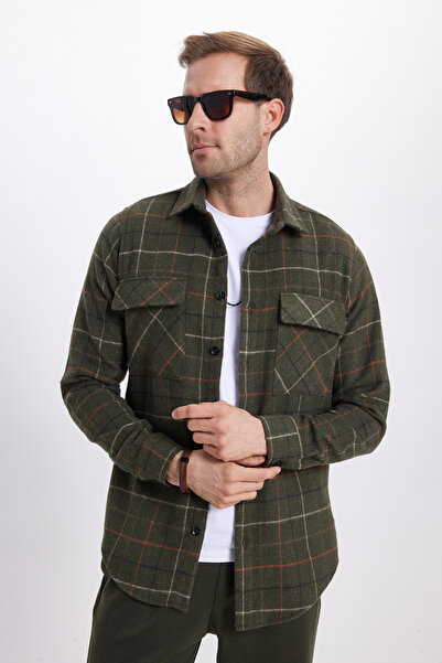 Tudors Erkek Slim Fit Dar Kesim Spor Yaka Çift Cep Kapaklı Kareli Gömlek