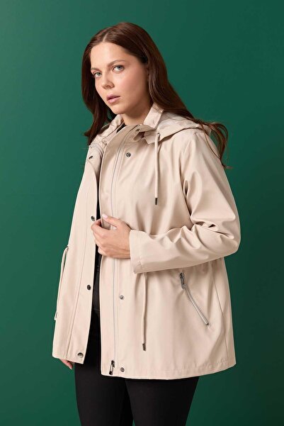 Selen Giyim Büyük Beden Beli Büzgülü Kapüşonlu Trençkot / TAŞ