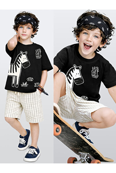 Denokids Boys' Set Zebra Printed Cotton T-Shirt and Striped Woven Shorts Summ...