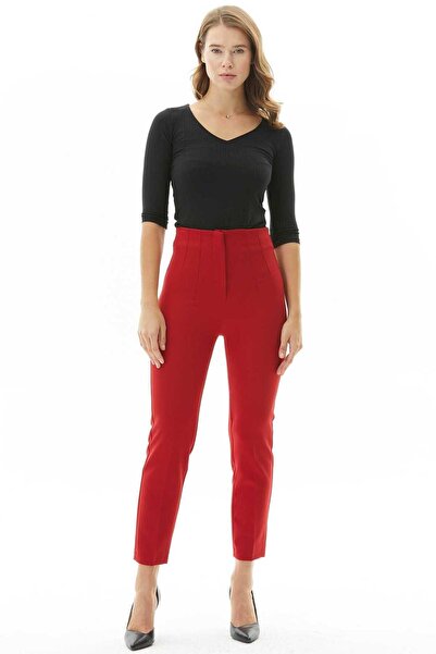 Selen Giyim Çift Pensli Boru Paça Pantolon / KIRMIZI