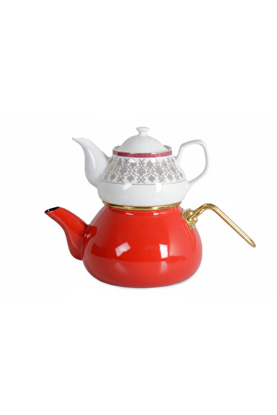 İpek Porselen Porselen Üst Demlikli Kırmızı Emaye Çaydanlık – İkili Çay Seti