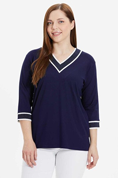 Selen Giyim Büyük Beden V Yaka Simli Zigzag Ribanalı Penye Bluz / LACİVERT