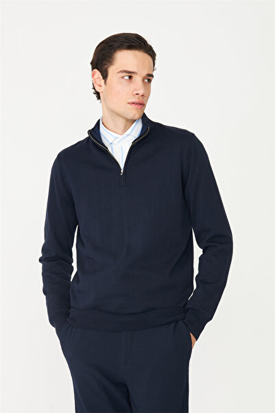 White Stone Mock Neck Half Zipper Premium Knitwear Sweater Navy Blue