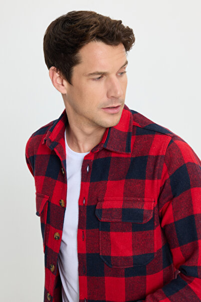 Tudors Erkek Slim Fit Dar Kesim Uzun Kollu Kapaklı Çift Cepli Kareli Kışlık O...