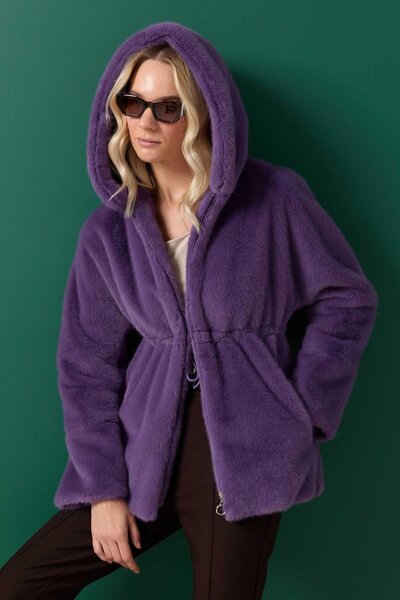 Selen Giyim Beli Büzgülü Kapüşonlu Kürk Kaban / LİLA