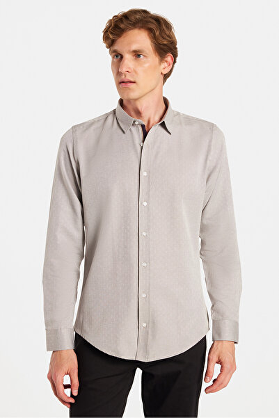 Tudors Slim Fit Uzun Kollu Oxford Doku Armürlü Biyeli Erkek Krem Gömlek