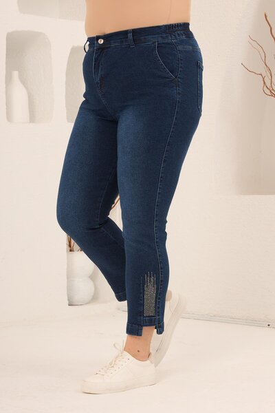 RMG Büyük Beden Taş Detay Denim Kapri Lacivert