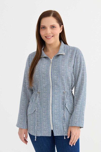 Selen Giyim Büyük Beden Dik Yaka Beli Büzgülü Çizgili Ceket / LACİVERT