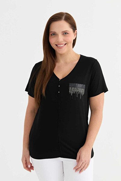 Selen Giyim V Yaka Taşlı Cep Görünümlü Penye Bluz / SİYAH
