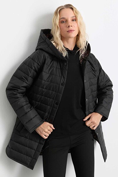 Selen Giyim Kendinden Kapüşonlu İçi Leopar Kapitone Mont / SİYAH