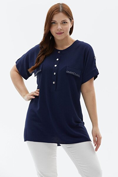 Selen Giyim Büyük Beden Düşük Kol Kapak Cep Çıtçıtlı Bluz / LACİVERT