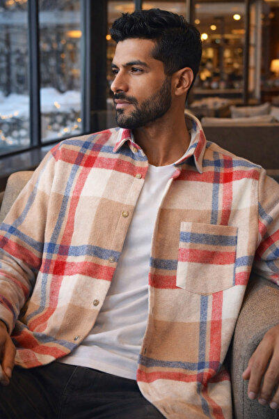 Varetta Erkek Camel Tek Cepli Uzun Kol Kışlık Klasik Kesim Ekose Oduncu Gömlek