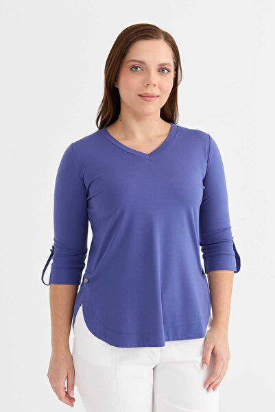 Selen Giyim V Yaka Yanları Düğmeli Kolu Apoletli Penye Bluz / MOR