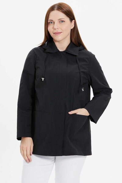 Selen Giyim Büyük Beden Kapüşonlu Önü Fermuarlı Trençkot / SİYAH